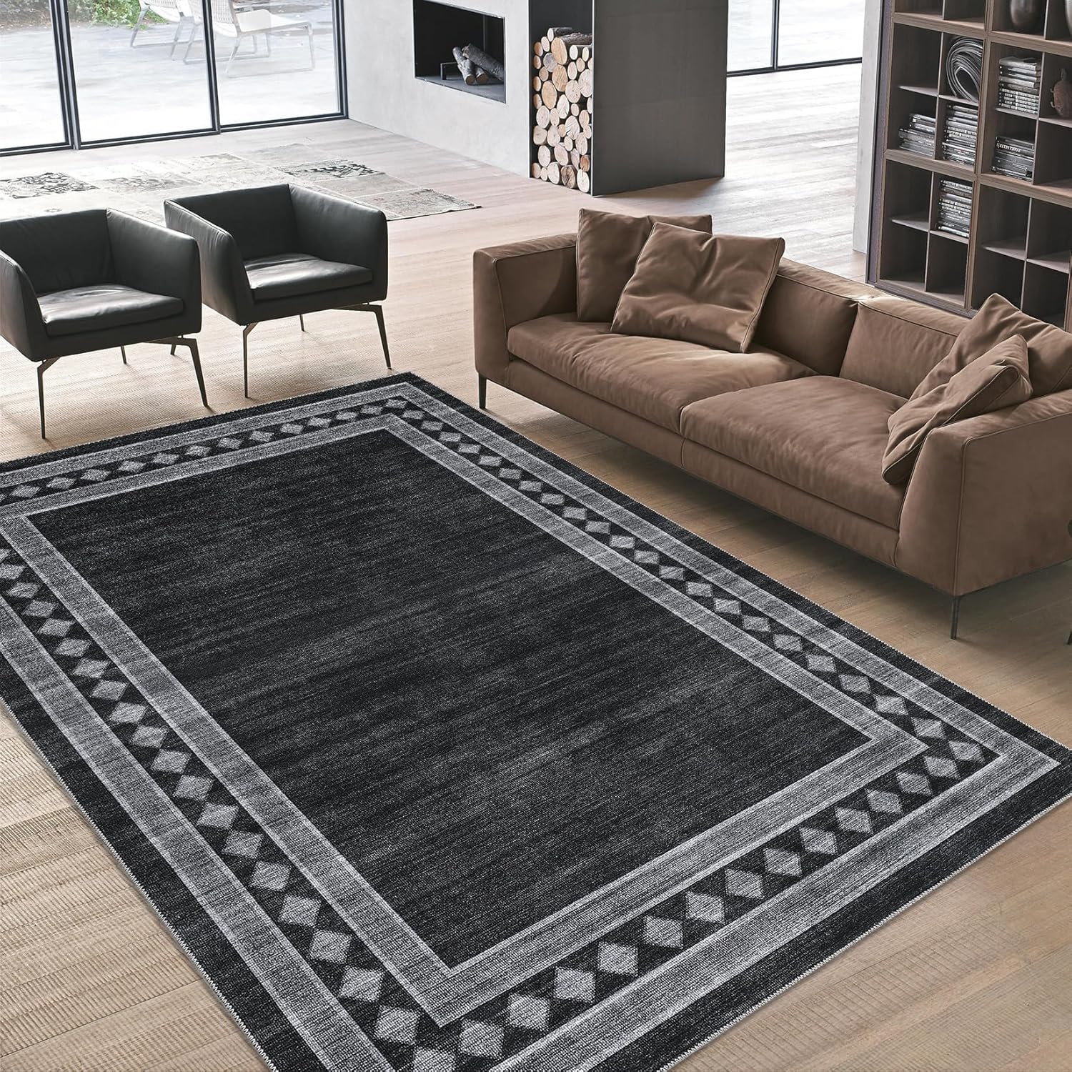 GARVEE Modern Geometric Area Rug 8x10 Rug for Living Room Washable Rugs for Bedroom Non Slip Throw Rugs Black Rug Chenille Stain Resistant Carpet for Dining Room 8'x10' Black