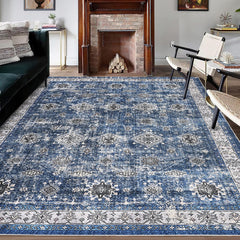 GARVEE 6 * 9ft Vintage Area Rug - Washable Stain Resistant, Traditional Distressed Mat, Retro Floral Print, Non-Slip, Foldable Thin Carpet for Living Room, Dining Room, Office.Blue Tone