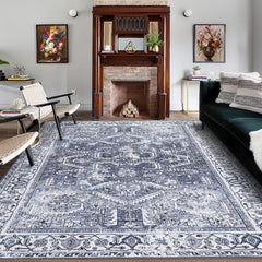 GARVEE Area Rug 9x12 Vintage Print Large Rug Machine Washable Area Rug Low Pile Non Slip Indoor Floor Carpet Foldable Thin Rug for Bedroom Living Room, Blue/Grey