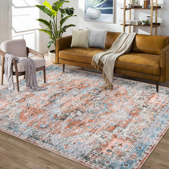 GARVEE 9x12 Area Rug Vintage Distresse Machine Washable Area Rug for Living Room Bedroom Traditional Medallion Floral Non-Slip Stain Resistant Accent Rug Carpet for Home Decor, Terracotta