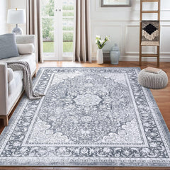 GARVEE Area Rug 8x10 Machine Washable Area Rug Vintage Distressed Accent Rug Oriental Floral Medallion Stain Resistant Non-Slip Foldable Floor Cover Carpet Rug for Living Room Decor, Grey