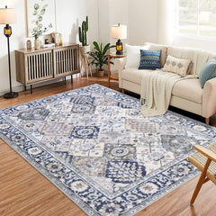 GARVEE Trellis Area Rug 4x6 Washable Vintage Floral Print Rugs, Boho Non Slip Indoor Carpet for Entryway Living Room Kitchen Bedroom Laundry Room, Beige Blue