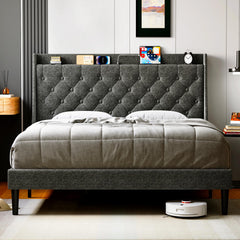 Queen Bed Frame with Charging Station and Wingback Storage Headboard, Button Tufted Upholstered Platform Bed with Adjustable Headboard, No Box Spring Needed, Noise-Free, Easy Assembly, Dark Grey