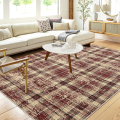 GlowSol Washable Rugs 4x6 Rug for Living Room Plaid Area Rug Low Pile Bedroom Rugs Modern Rug Farmhouse Tartan Floor Mat Non Slip Area Rugs Soft Pearl Velvet Throw Rugs for Office Classroom, Red