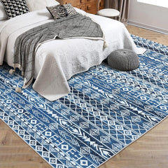 Moroccan Geometric Area Rug, Machine Washable Easy to Clean Non-Shedding Stain-Resistant Non-Slip Foldable Indoor Mat for Living Room, Bedroom, Kitchen, Entryway, Bathroom, Blue, 8 x 10