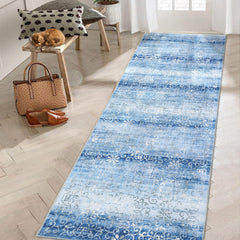 GARVEE Washable Runner Rug 2x6 Bathroom Rug Runner Vintage Distressed Kitchen Rugs Non Slip Blue Rug Damask Floral Runners Chenille Stain Resistant Throw Rugs for Laundry Hallway Entryway Blue 2'x6'