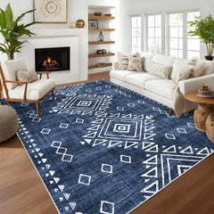 GARVEE 9x12 Ft Modern Southwestern Area Rug Distressed Geometric Floor Carpet Non Slip Thin Rug, Soft Non Shedding Rug, Large Washable Rug, Contemporary Indoor Bedroom Rug Living Room Rug, Blue