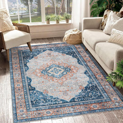 GARVEE Machine Washable Area Rug 5x7 Vintage Distressed Area Rug for Living Room Bedroom Traditional Medallion Non-Slip Stain Resistant Accent Rug Carpet for Home Decor Floor Decoration, Blue