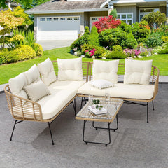 GARVEE 4 Pieces Patio Furniture Set,Boho Outdoor Furniture Lounge Sectional L-Shaped Sofa Conversation Set with Thick Cushions and Toughened Glass Coffee Table for Deck,Backyard, Porch