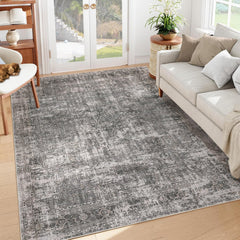 GARVEE Large Area Rug 8x10 Non-Slip Living Room Floor Carpet, Machine Washable Floor Carpet, Low Pile Vintage Pearl Velvet Soft Rug, Foldable Distressed Rug for Bedroom, Nursery Room, Dark Grey