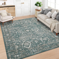 GARVEE Washable Rugs 8 x 10 Rug for Living Room Vintage Area Rug for Bedroom Indoor Floral Distressed Rug Large Rug Soft Non Shedding Stain Resistant Carpet for Dining Room 8'x10' Dark Teal