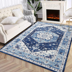 Garvee Washable Boho Area Rug 9x12 Bedroom Living Room Large Indoor Rugs Soft Oriental Vintage Rugs Non-Slip Backing Stain-Resistant Rug for Farmhouse Nursery,Blue