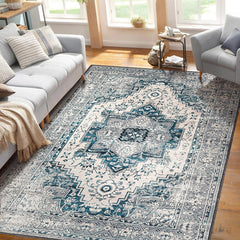 GARVEE Washable Area Rug 9x12 Boho Large Living Room Rug Indoor Rugs Soft Oriental Vintage Rugs Non-Slip Backing Stain-Resistant Rug for Farmhouse Nursery,Blue 9x12