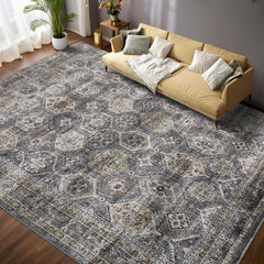 GARVEE Washable Area Rug 5x7 Rug for Living Room Low Pile Bedroom Rug Vintage Tribal Area Rugs Soft Non Slip Throw Rugs Stain Resistant Carpet for Office Classroom Dining Room Grey/Brown 5'x7'