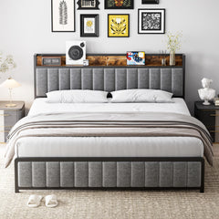 GARVEE King Size Bed Frame with Shelf Headboard and Charging Station, Industrial Upholstered Platform Bed with Outlets, Heavy Duty Metal Slats Support, No Box Spring Needed, Easy Assembly, Grey