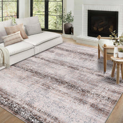 GARVEE Washable Area Rugs 5x7 Rug Vintage Living Room Rugs Non Slip Bedroom Rug Damask Floral Rug Chenille Low Pile Thin Carpet Stain Resistant Non Shedding Throw Rugs for Dining Room Brown 5'x7'