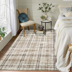 NANAN Bedroom Rug 8x10 Large Plaid Area Rugs for Living Room Modern Office Rug Distressed Rug Low Pile Farmhouse Floor Cover Non Slip Checkered Rug Beige