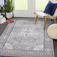 GARVEE 8x10 Area Rugs for Living Room Vintage Rug Large Bedroom Rug Oriental Non Slip Washable Rugs Boho Floral Print Distressed Carpet Farmhouse Nursery Home Office Non-Shedding Floor Cover Grey