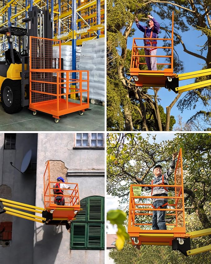 GARVEE 43x45 Inch Forklift Safety Cage, 1800LBS Capacity Forklift Man Basket Work Platform with Guardrail and Safety Lock for 1-3 People, 2 Wheels with Brakes and 2 Wheels Without Brakes