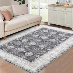 Garvee Machine Washable Area Rug 5x7 Vintage Distressed Floral Area Rug for Living Room Traditional Medallion Non-Slip Stain Resistant Accent Rug Carpet for Home Decoration, Black/Grey