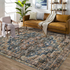 GARVEE 8x10 Area Rug Vintage Distressed Machine Washable Area Rug for Living Room Bedroom Traditional Medallion Floral Non-Slip Stain Resistant Accent Rug Carpet for Home Decor, Blue/Brown