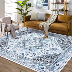 Garvee Washable Area Rug 8x10 Bohemian Washable Rugs Oriental Medallion Rug with Non-Slip Backing, Blue Plant Floral Pattern Vintage Rug for Living Room Bedroom Dining Home Office,8x10