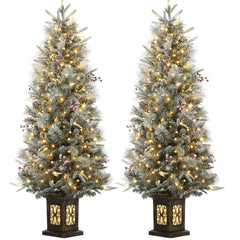 GARVEE 4.5ft Pre-Lit Snow Flocked Christmas Tree with 200 LED Lights, Artificial Potted Xmas Tree with 8 Lighting Modes, Faux Berries, Antique Urn Base, for Holiday Decor,2 Pack