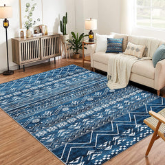 GARVEE Large Moroccan Area Rug, 8x10 Super Soft Ultra-Thin Boho Indoor Floor Carpet, Anti-Slip Foldable Machine Washable Geometric Rug for Living Room Under Dining Table Home Office House Decor, Blue