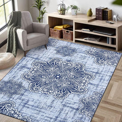 GARVEE Vintage Rug 4x6 Machine Washable Area Rug Non Slip Rug Soft Medallion Distressed Rug Low Pile Ultra-Thin Carpet Rug for Office Nursery, Navy