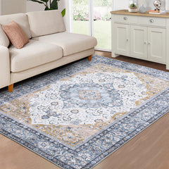 GARVEE Washable Area Rug Vintage Distressed Living Room Rug Non-Slip Stain Resistant Traditional Medallion Accent Rug Indoor Floor Carpet for Bedroom Laundry Room, 4' x 6', Blue/Yellow