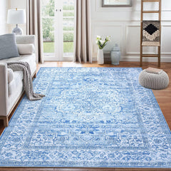 GARVEE Area Rug 8x10 Machine Washable Area Rug Vintage Distressed Accent Rug Oriental Floral Medallion Stain Resistant Non-Slip Foldable Floor Cover Carpet Rug for Living Room Decor, Blue