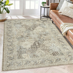 GARVEE Area Rug 3x5 Vintage Rug Washable Area Rugs for Living Room Bedroom Children's Room Dining Room Oriental Office Floor Carpet Foldable Neutral Rug Farmhouse Area Rugs Non Slip Brown