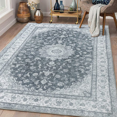 GARVEE Vintage Area Rug Indoor Medallion Area Rug Boho Tribal Area Rugs Machine Washable Distressed Rug Stain & Water Resistant Non-Slip Area Rug for Living Room Bedroom, 5' x 7' Dark Grey