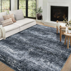 GARVEE Washable Area Rug 6x9 Rug for Living Room Non Slip Bedroom Rug Vintage Damask Floral Rug Distressed Black Rug Chenille Thin Carpet Stain Resistant Throw Rugs for Dining Room Black 6'x9'