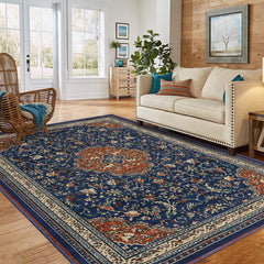 GARVEE Monaco Collection Area Rug - 4' x 6', Navy Blue & Orange, Boho Chic Medallion Distressed Design, Non-Shedding & Easy Care, Ideal for High Traffic Areas in Living Room, Bedroom