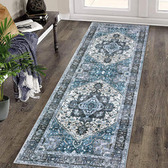 GARVEE Area Rug 2x6 Vintage Runner Rug Medallion Entryway Mat Washable Rug Boho Floral Hallway Runners Bedroom Bedside Laundry Runners Indoor Oriental Floral Rug Non-Slip Boho Kitchen Runners Blue