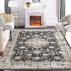 GARVEE Rugs for Living Room 5x7 Washable Rug Vintage Floral Area Rug Soft Indoor Floor Mat Medallion Distressed Print Rug Non Slip Non Shedding Throw Carpet for Bedroom Dining Room Home Office Black