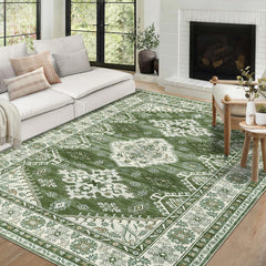 GARVEE Washable Area Rugs 9x12 Living Room Non Slip Large Area Rugs for Bedroom Vintage Boho Rug Distressed Green Rug Chenille Carpet Stain Resistant Throw Rugs for Dining Room Green 9'x12'