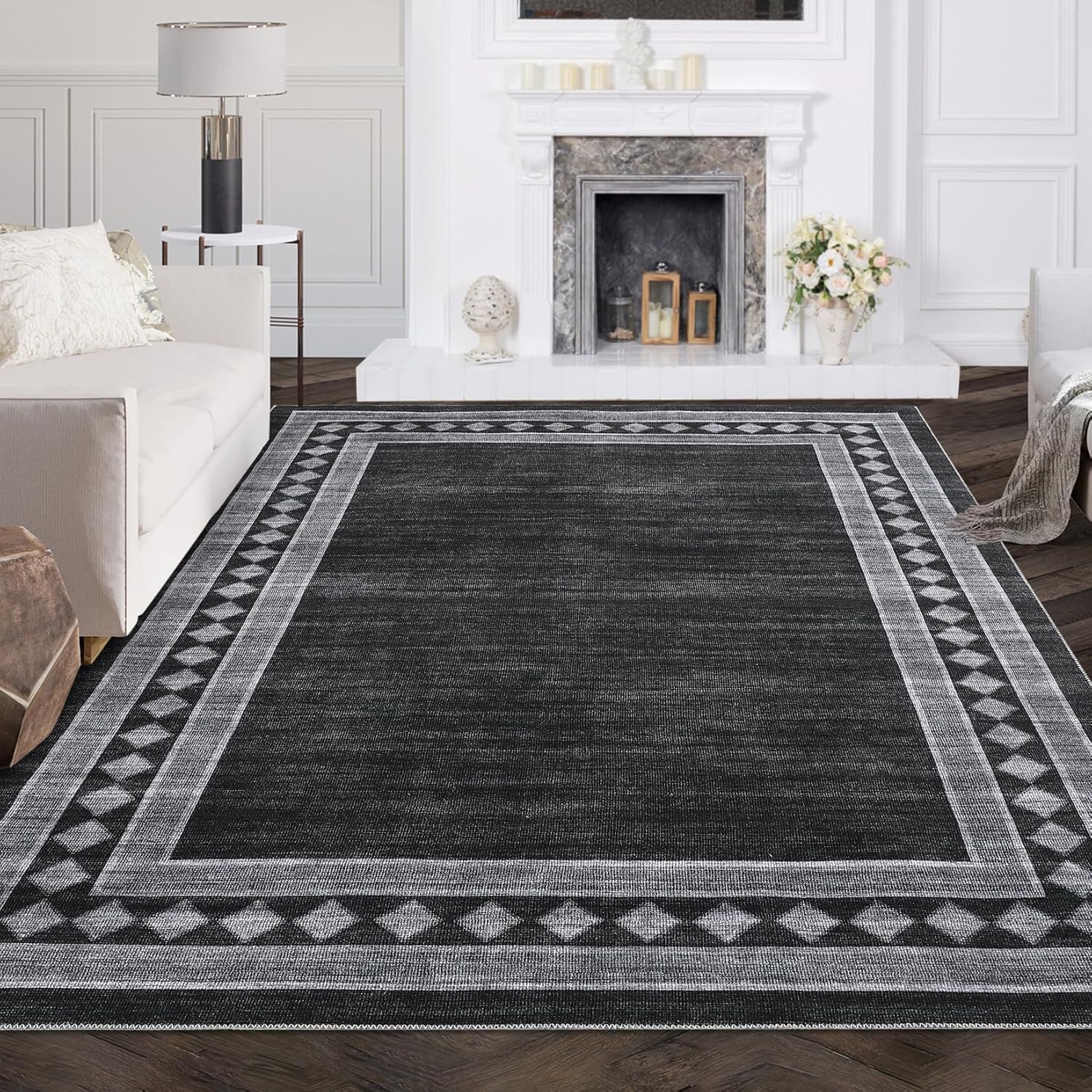 GARVEE Modern Geometric Area Rug 8x10 Rug for Living Room Washable Rugs for Bedroom Non Slip Throw Rugs Black Rug Chenille Stain Resistant Carpet for Dining Room 8'x10' Black