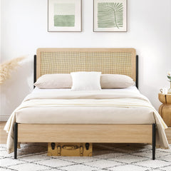 GARVEE Full Bed Frame Metal Rattan Headboard Wood Tailboard Storage Space Platform Metal Slats Noiseless ,White Oak