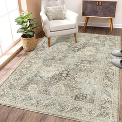 GARVEE Tribal Area Rug 9x12 Large Vintage Rug Washable Rug Oriental Floral Print Farmhouse Thin Rug Non Slip Backing Foldable Rug Indoor Bedroom Rug Carpet Low Pile Non-Shedding Throw Carpet Taupe