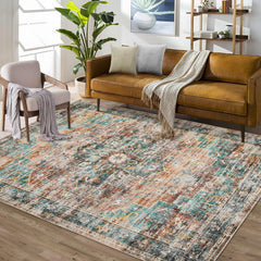 GARVEE 8x10 Area Rug Vintage Distressed Machine Washable Area Rug for Living Room Bedroom Traditional Medallion Floral Non-Slip Stain Resistant Accent Rug Carpet for Home Decor, Teal/Multi