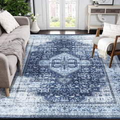 GARVEE Vintage Area Rug 5x7 Non Slip Washable Rug Stain Resistant Washable Area Rugs Low Pile Area Rug Soft Rug High Traffic Rugs for Dinning Room Living Room Bedroom Farmhouse, Navy