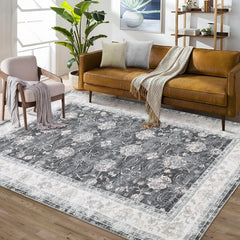 GARVEE Machine Washable Rug Vintage Distressed Area Rugs Stain Resistant Non-Slip Floor Carpet Rug Retro Boho Floral Accent Rug Farmhouse Dining Table Rug Bedroom Decor, Black/Grey, 4' x 6'