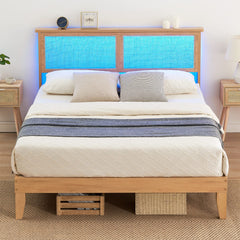 GARVEE Queen Bed Frame with LED Lights, Curved Rattan Headboard, Wooden Support Legs, No Box Spring Needed, Easy Assembly