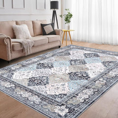 GARVEE Washable Moroccan Blue Rug 5x7 - Ultra Soft, Non-Slip, Low Pile, Distressed Design, Pearl Velvet, Stain-Resistant, Living Room/Bedroom