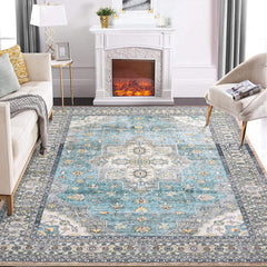 GARVEE Rugs for Living Room 8x10 Large Washable Rugs for Bedroom Large Aesthetic Rug Vintage Floral Printed Distressed Rug Soft Low Pile Non Slip Rug Playroom Carpet for Kids Room Nursery Office Teal