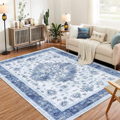 GARVEE Large Machine Washable Area Rug Living Room Rugs, 8x10 Soft Indoor Floral Stain Resistant Non Slip Thin Carpet for Under Dining Table Bedroom Nursery Home Office, Blue