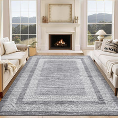 GARVEE 10x13 Large Washable Geometric Area Rug Non Slip Non Shedding Floor Carpet, Modern Bordered Rug, Distressed Gray Rug, Indoor Printed Rug for Living Room, Bedroom, Office