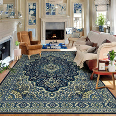 GARVEE Floral Rug 10x13 Area Rug For Living Room Vintage Blue Rug Non-shedding Floral Rug Large Carpet Oriental Distressed Rug For Bedroom Living Room Floor Mat Aesthetic Rug Accent Large Mat, Navy